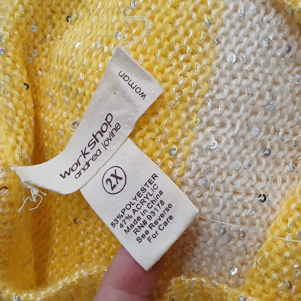 NWT Workshop Andrea Jovine Yellow White Sweater with Sparkly Sequin details / 2X - Picture 7 of 9
